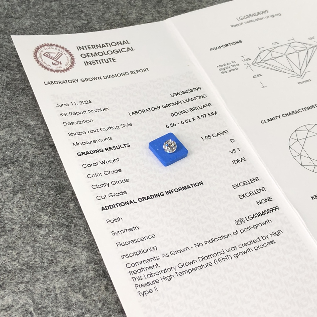 Potongan Bulat Berlian Tumbuh Makmal 1.05CT D VS1 ID EX EX HPHT LG638458999 | Barang Kemas Messi 7