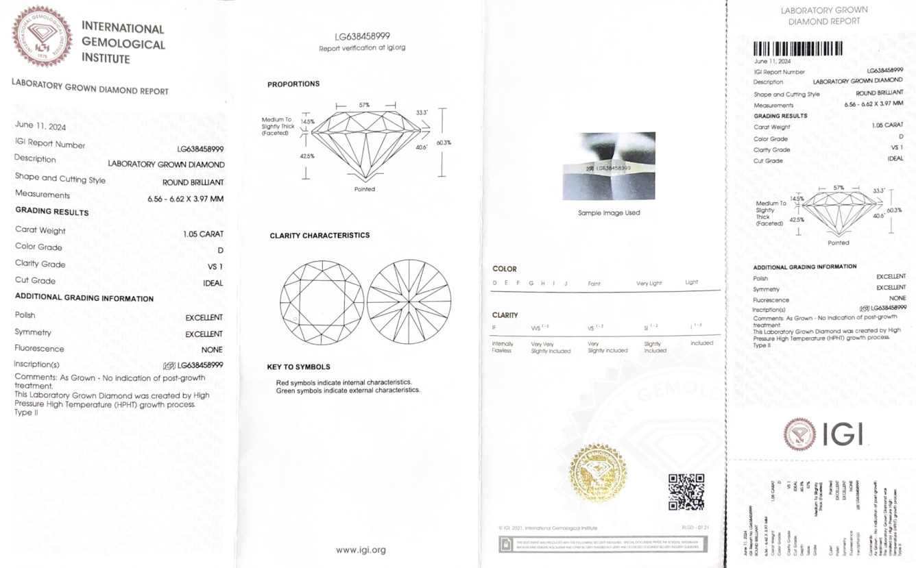 Potongan Bulat Berlian Tumbuh Makmal 1.05CT D VS1 ID EX EX HPHT LG638458999 | Barang Kemas Messi 8