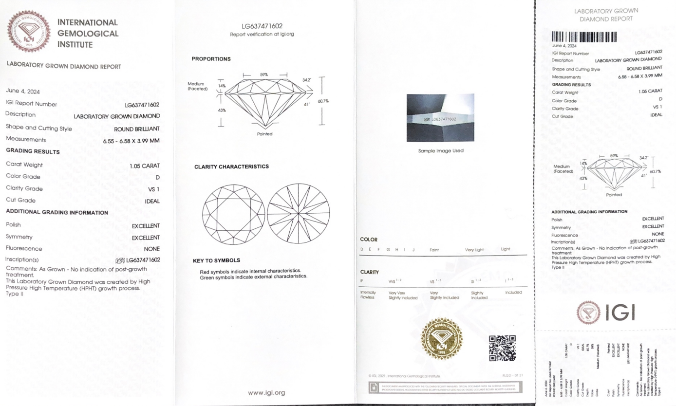 Iced Lab Diamond Potongan Bulat 1.05CT D VS1 ID EX EX HPHT LG637471602 | Barang Kemas Messi 8