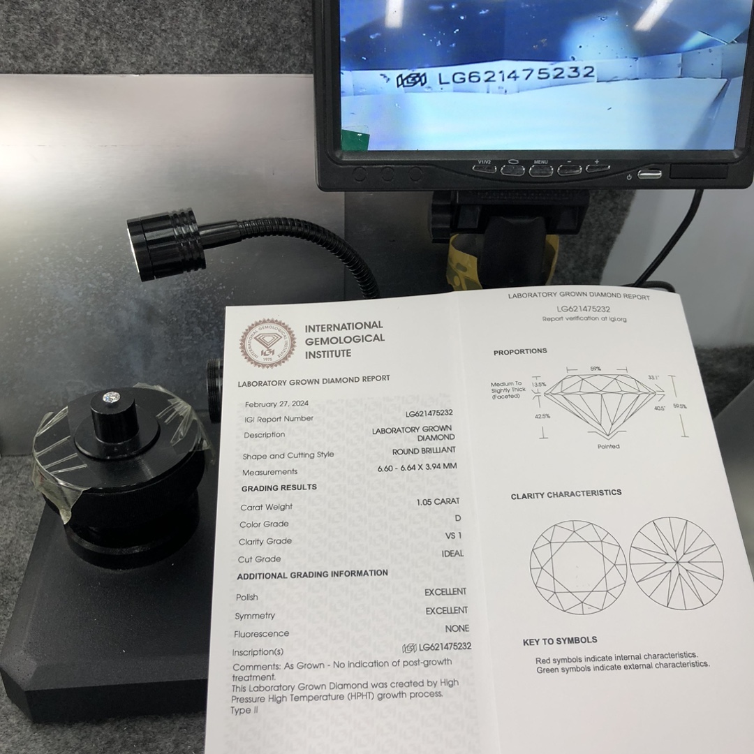 Sesuaikan HPHT 1.05CT Potongan cemerlang bulat D VS1ID EX EX Lab Diamond dengan sijil IGI 11