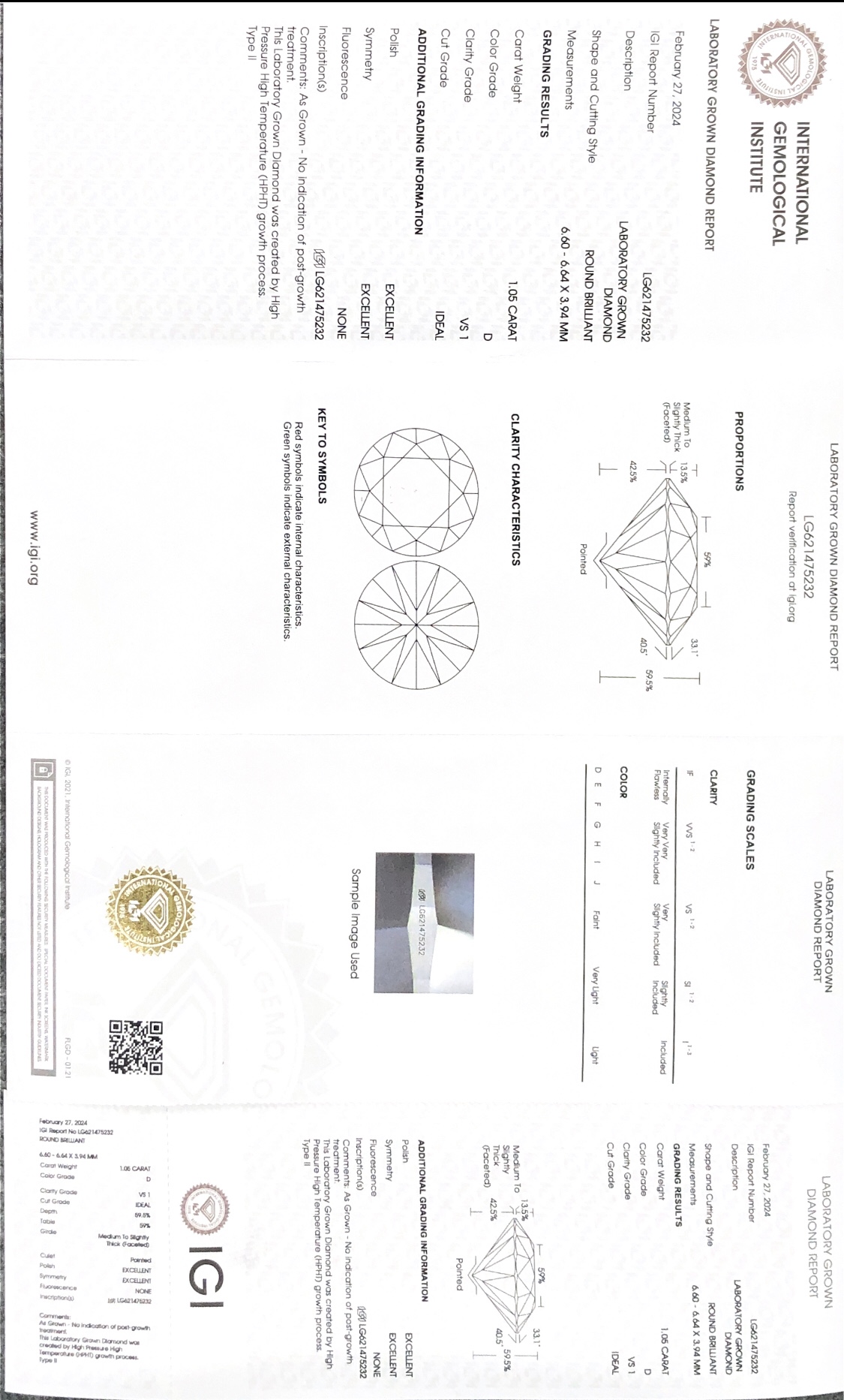 Sesuaikan HPHT 1.05CT Potongan cemerlang bulat D VS1ID EX EX Lab Diamond dengan sijil IGI 7