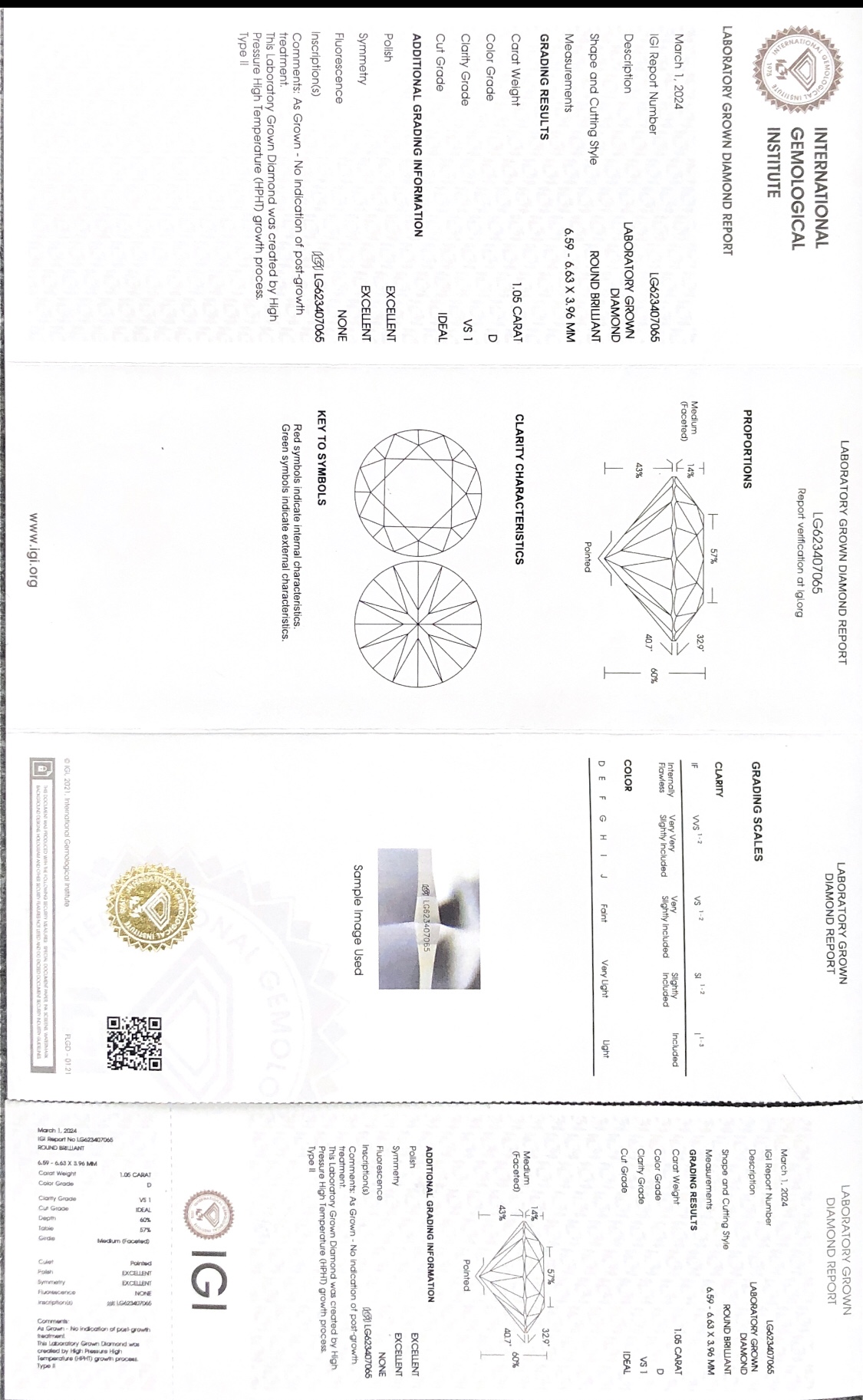 Barang Kemas Messi-LG623407065 HPHT Round Brilliant Cut 1.05CT D VS1 ID EX EX Lab Diamond dengan sijil IGI 7