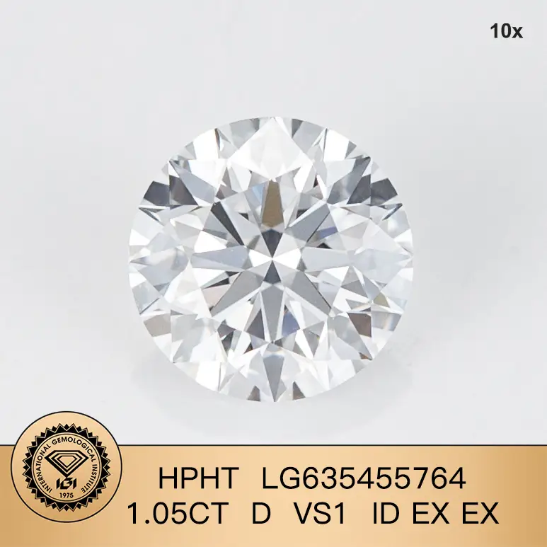 IGI Round Shape Lab Grown Diamond HPHT LG63545764 1.05ct D vs1 Id Ex Ex 1