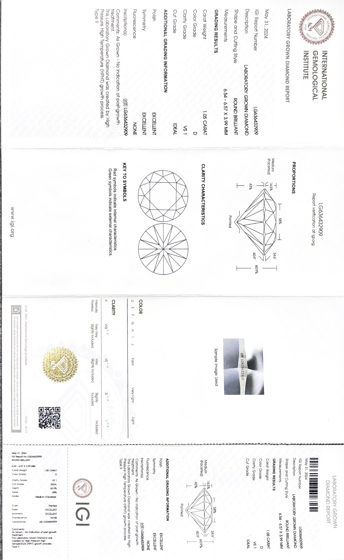 Lab Grown Diamond IGI RD Shape HPHT LG636432909 1.05CT D VS1 ID EX EX 7