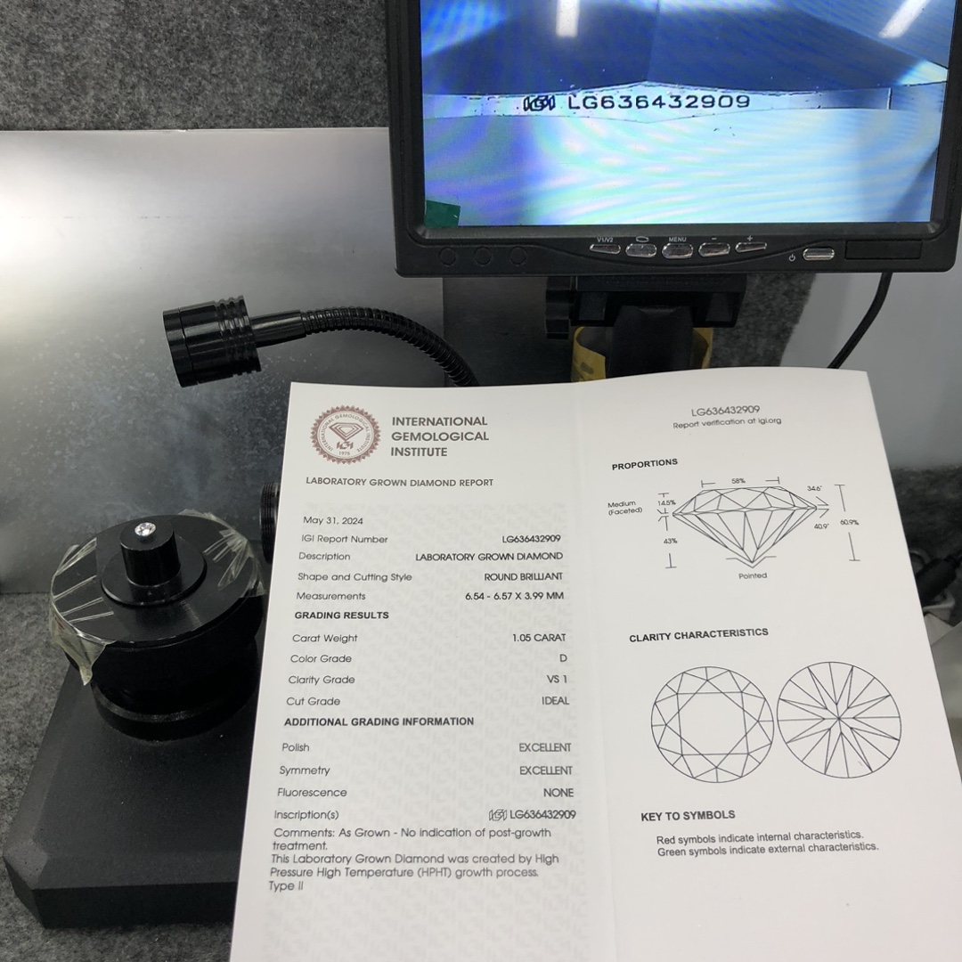 IGI Lab Grown Diamond Bentuk Bulat HPHT LG637470369 1.05CT D VS1 ID EX EX 12