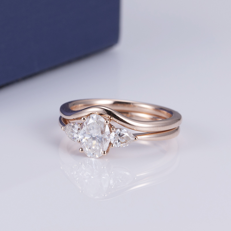 Messi Jewelry - MS-553 White Gold Oval Cut Three Stone Moissanite Ring Set Rings 11