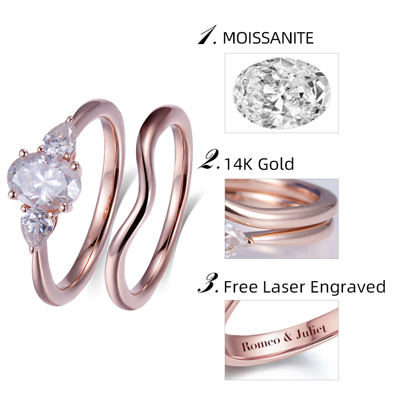 Messi Jewelry - MS-553 White Gold Oval Cut Three Stone Moissanite Ring Set Rings 14