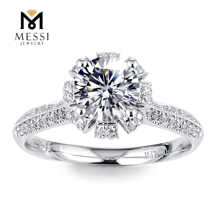 Barang Kemas Messi - Permata Messi bentuk bunga potong bulat 1Ct DEF moissanite lembut Cincin Cincin wanita 8