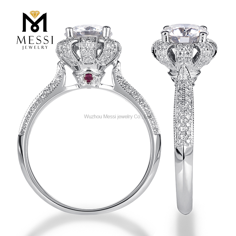 Barang Kemas Messi - Permata Messi bentuk bunga potong bulat 1Ct DEF moissanite lembut Cincin Cincin wanita 9