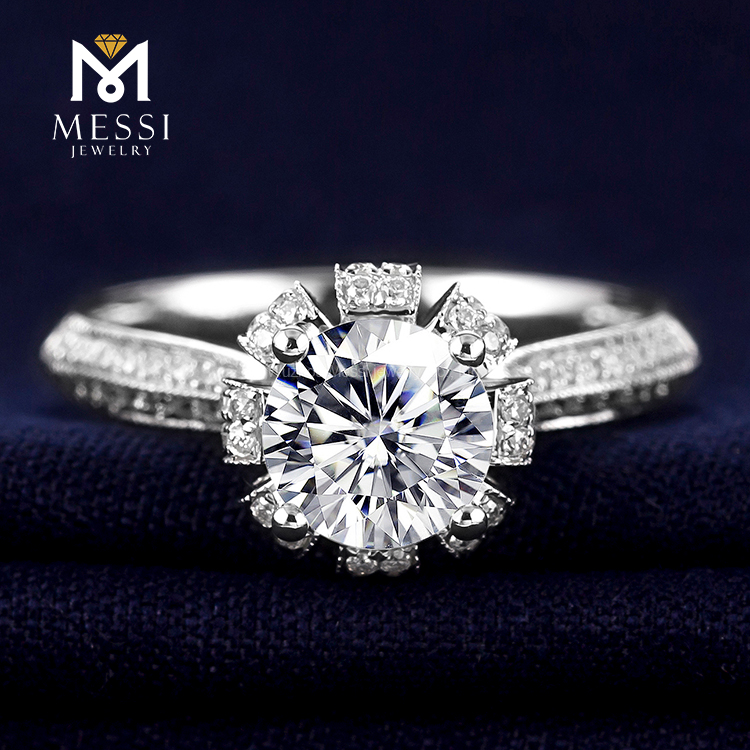 Barang Kemas Messi - Permata Messi bentuk bunga potong bulat 1Ct DEF moissanite lembut Cincin Cincin wanita 10