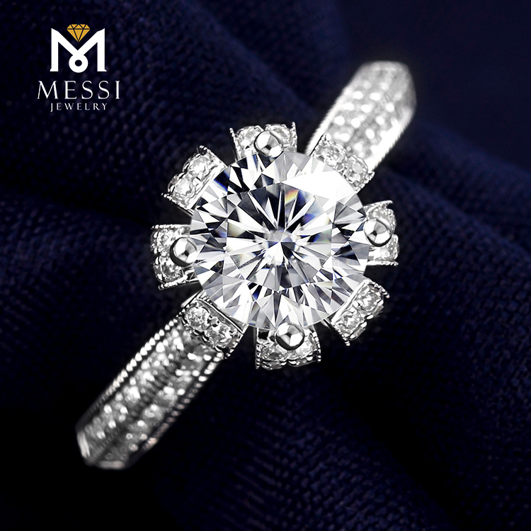 Barang Kemas Messi - Permata Messi bentuk bunga potong bulat 1Ct DEF moissanite lembut Cincin Cincin wanita 12