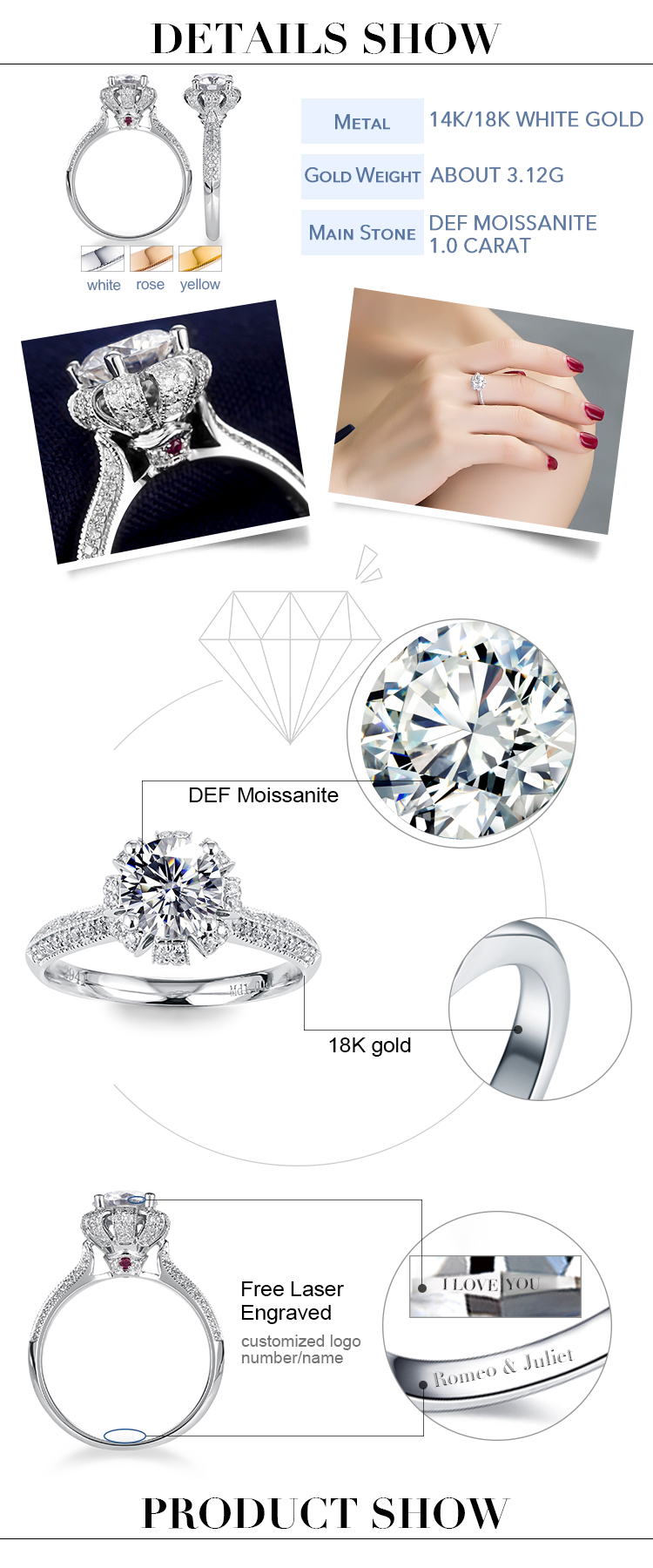 Barang Kemas Messi - Permata Messi bentuk bunga potong bulat 1Ct DEF moissanite lembut Cincin Cincin wanita 16