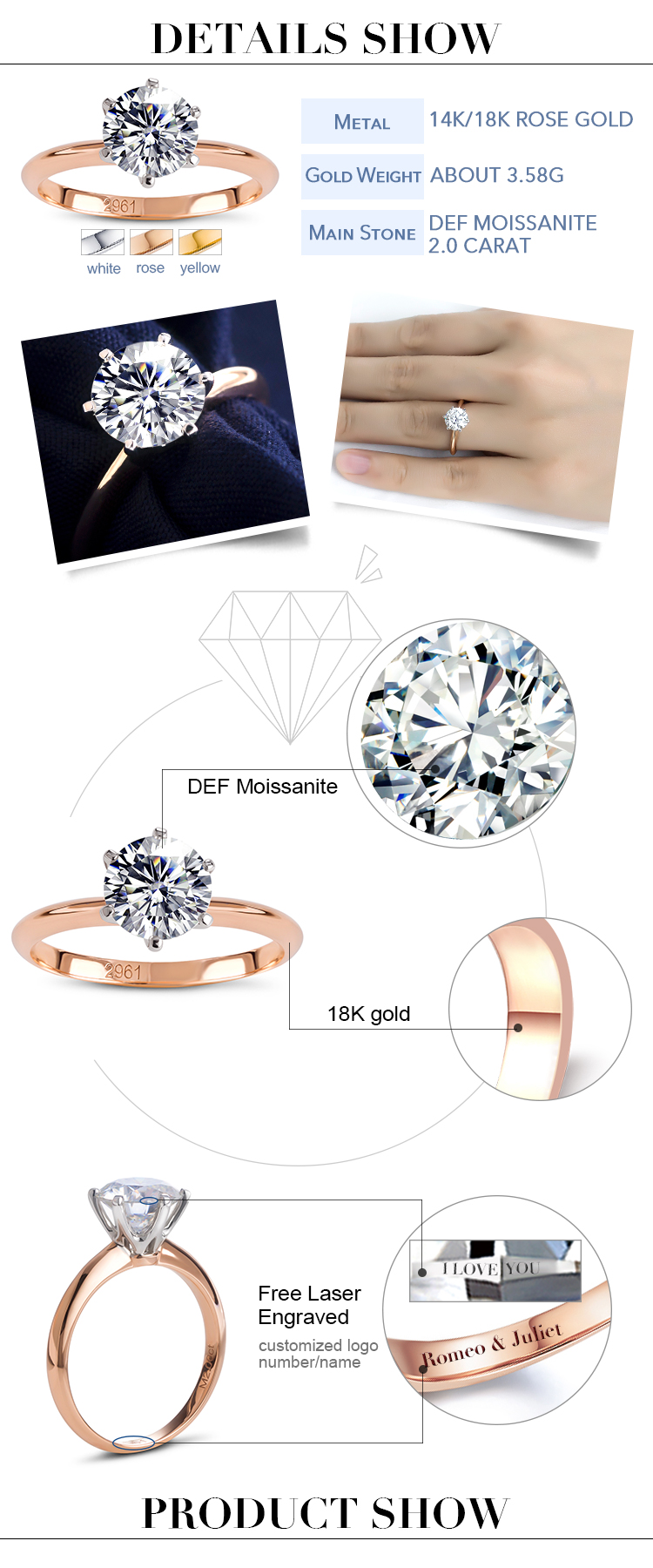 Messi Alahas - Custom 2ct Moissanite Ring Rose Gold Alahas 10k 14k 18k Solid Gold Rings Rings 8