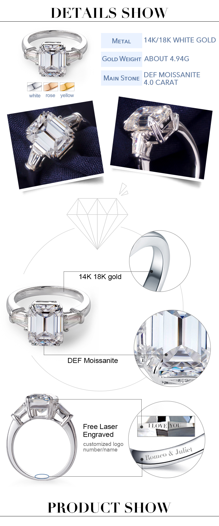Messi Jewelry - MS-240 Messi Jewelry wholesale price 18K white gold 4 carat emerald cut DEF VVS moissanite women ring Rings 8
