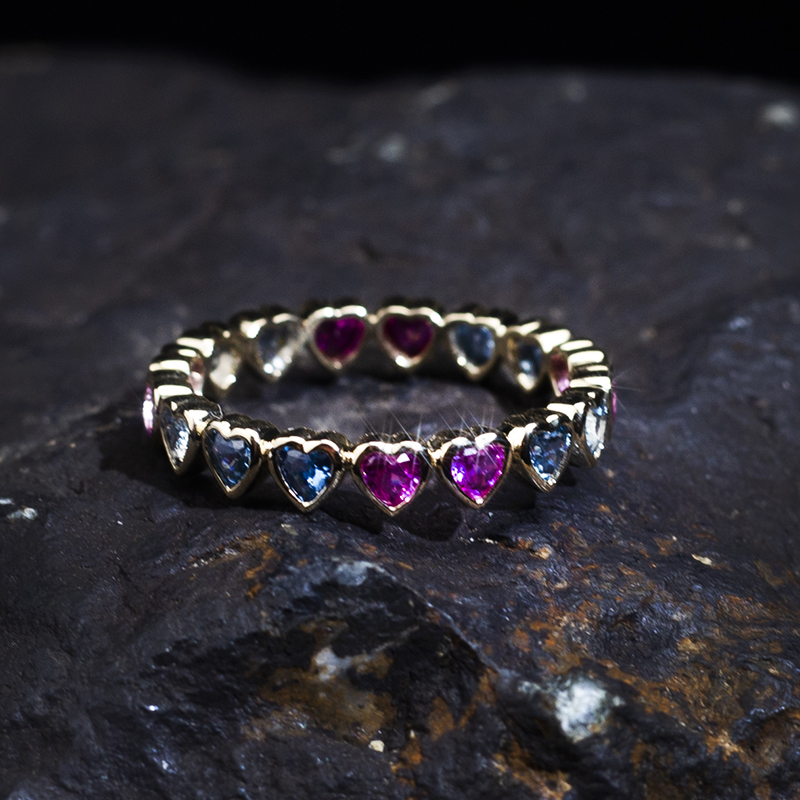 Messi Jewelry - Rainbow trendy ring heart cut 9k yellow Gold corundum ring for women lab grown emerald Lab Created Emerald Jewelry 8