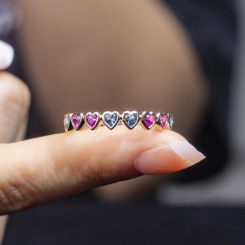 Messi Jewelry - Rainbow trendy ring heart cut 9k yellow Gold corundum ring for women lab grown emerald Lab Created Emerald Jewelry 10