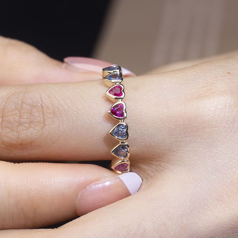 Messi Jewelry - Rainbow trendy ring heart cut 9k yellow Gold corundum ring for women lab grown emerald Lab Created Emerald Jewelry 11