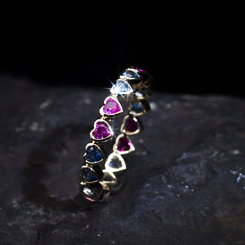 Messi Jewelry - Rainbow trendy ring heart cut 9k yellow Gold corundum ring for women lab grown emerald Lab Created Emerald Jewelry 9