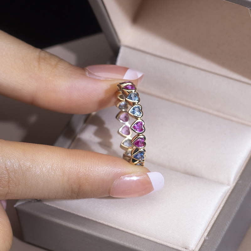 Messi Jewelry - Rainbow trendy ring heart cut 9k yellow Gold corundum ring for women lab grown emerald Lab Created Emerald Jewelry 12