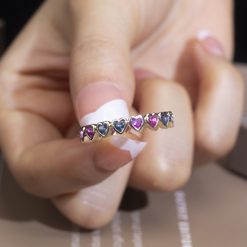 Messi Jewelry - Rainbow trendy ring heart cut 9k yellow Gold corundum ring for women lab grown emerald Lab Created Emerald Jewelry 13