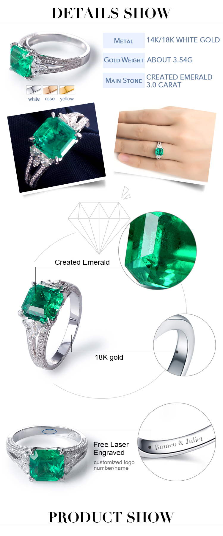 Barang Kemas Messi - MS-230 Messi Barang Kemas harga borong 18k emas putih 3 karat asscher cut makmal mencipta cincin pertunangan zamrud Cincin 8