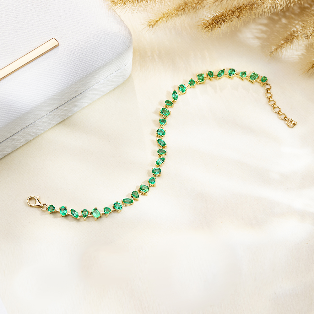 MSB-625 Lab Emerald 18K Yellow Gold Colombian Fancy Shape Lab Emerald Tennis Bracelet 5