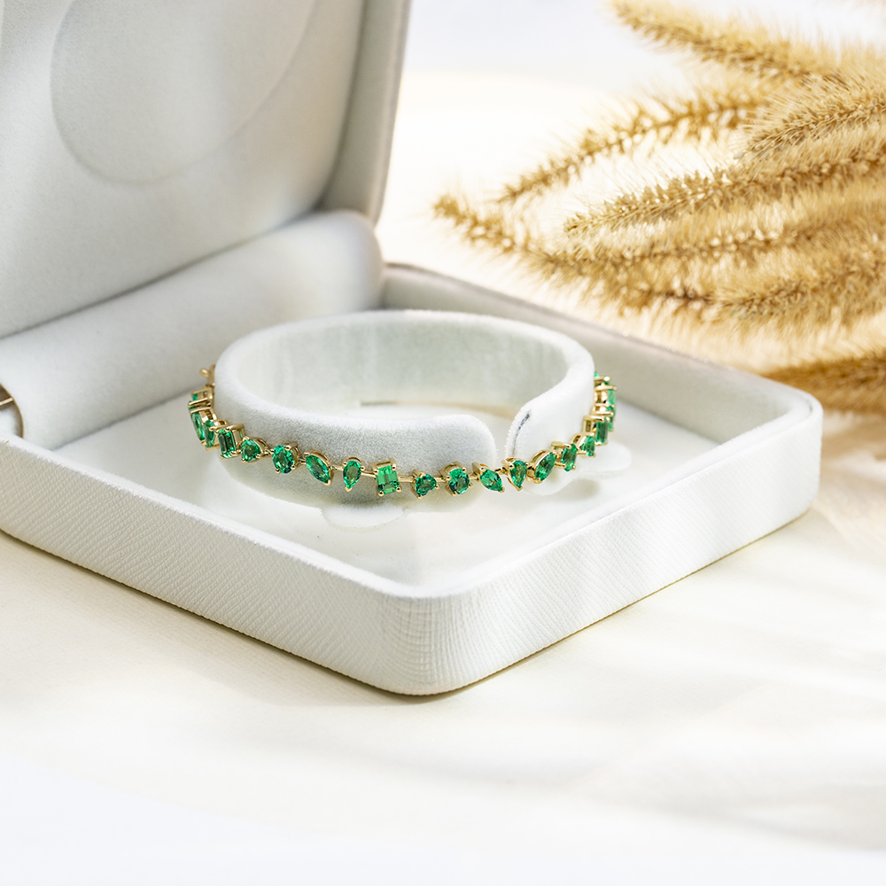 MSB-625 Lab Emerald 18K Yellow Gold Colombian Fancy Shape Lab Emerald Tennis Bracelet 6