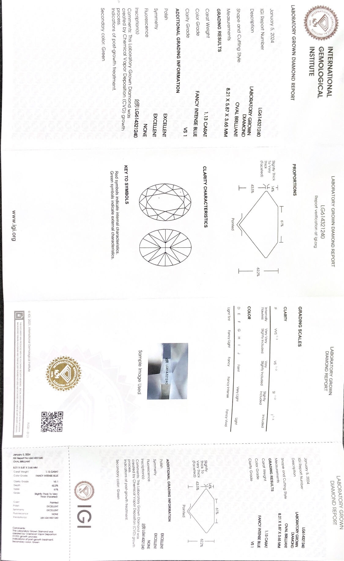 IGI LAB DIAMOND CVD LG614321240 OV FANCY INTENSE BLUE 1.13CT VS1 EX EX 3