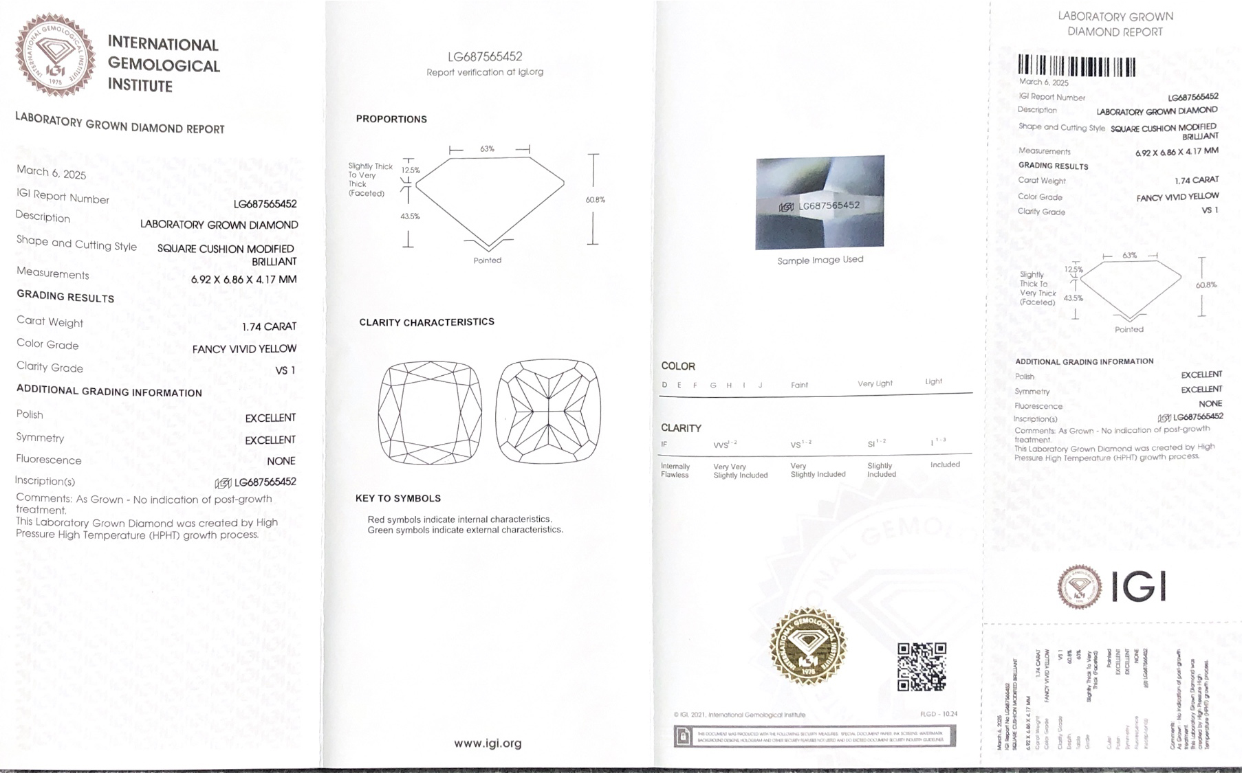 IGI 1.74ct vs1 ex ex firkantet pude modificeret Brillant Fancy levende gul HPHT LG687565452 9