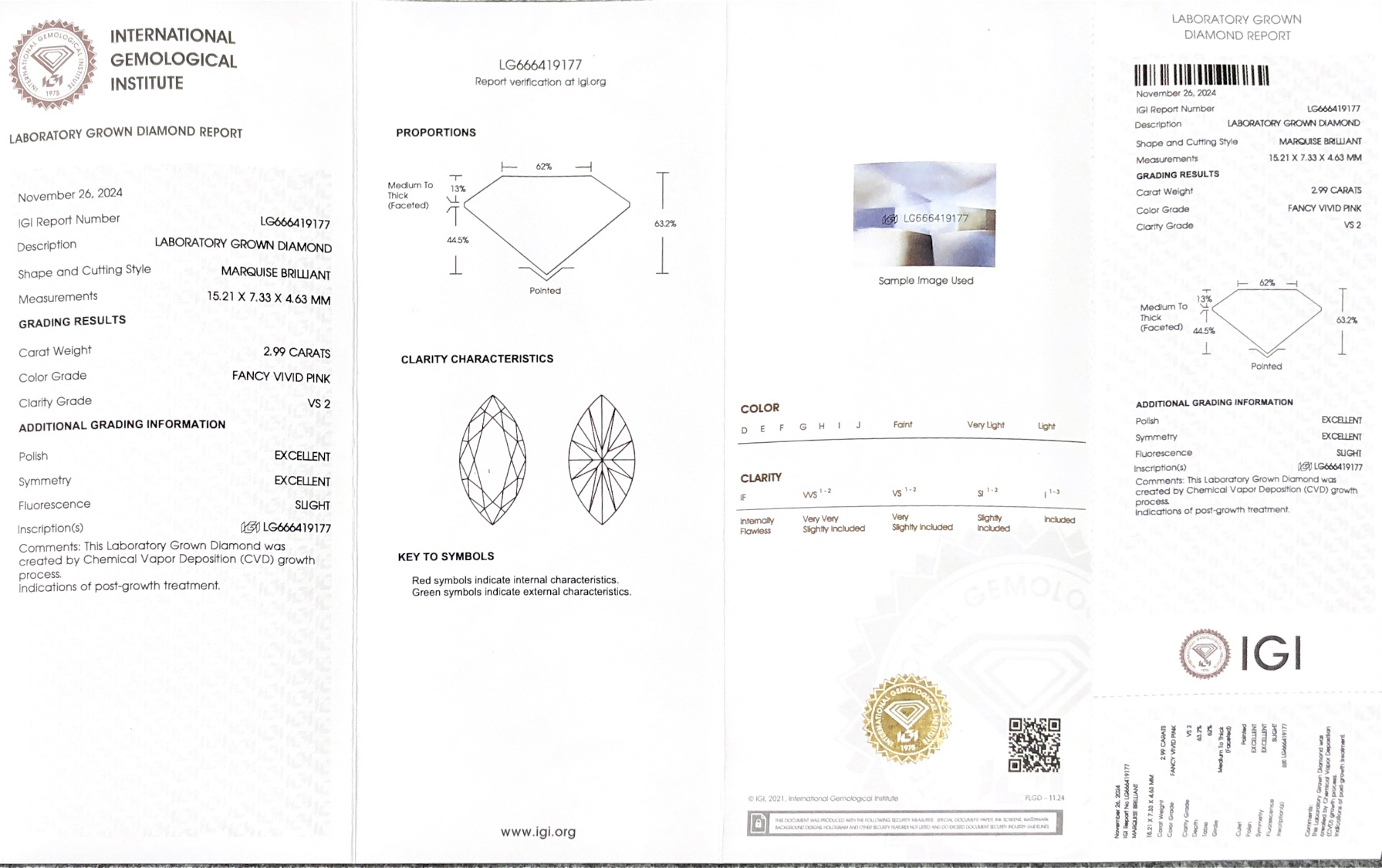 Messi Jewelry CVD Lab Lab Diamond Marquise Cut Fancy Vivid Pink 2,99ct vs2 LG666419177 EX EX 7