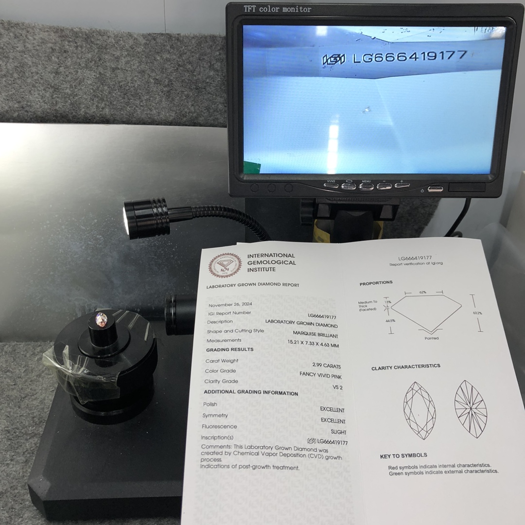 Messi Jewelry CVD Lab Lab Diamond Marquise Cut Fancy Vivid Pink 2,99ct vs2 LG666419177 EX EX 11