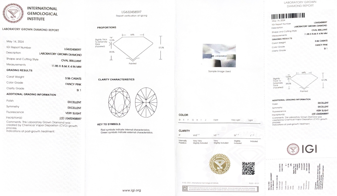 3,56ct Fancy Pink Oval Cut Lab crescido Diamond SI1 EX EX CVD LG632458597 | Jóias Messi 8