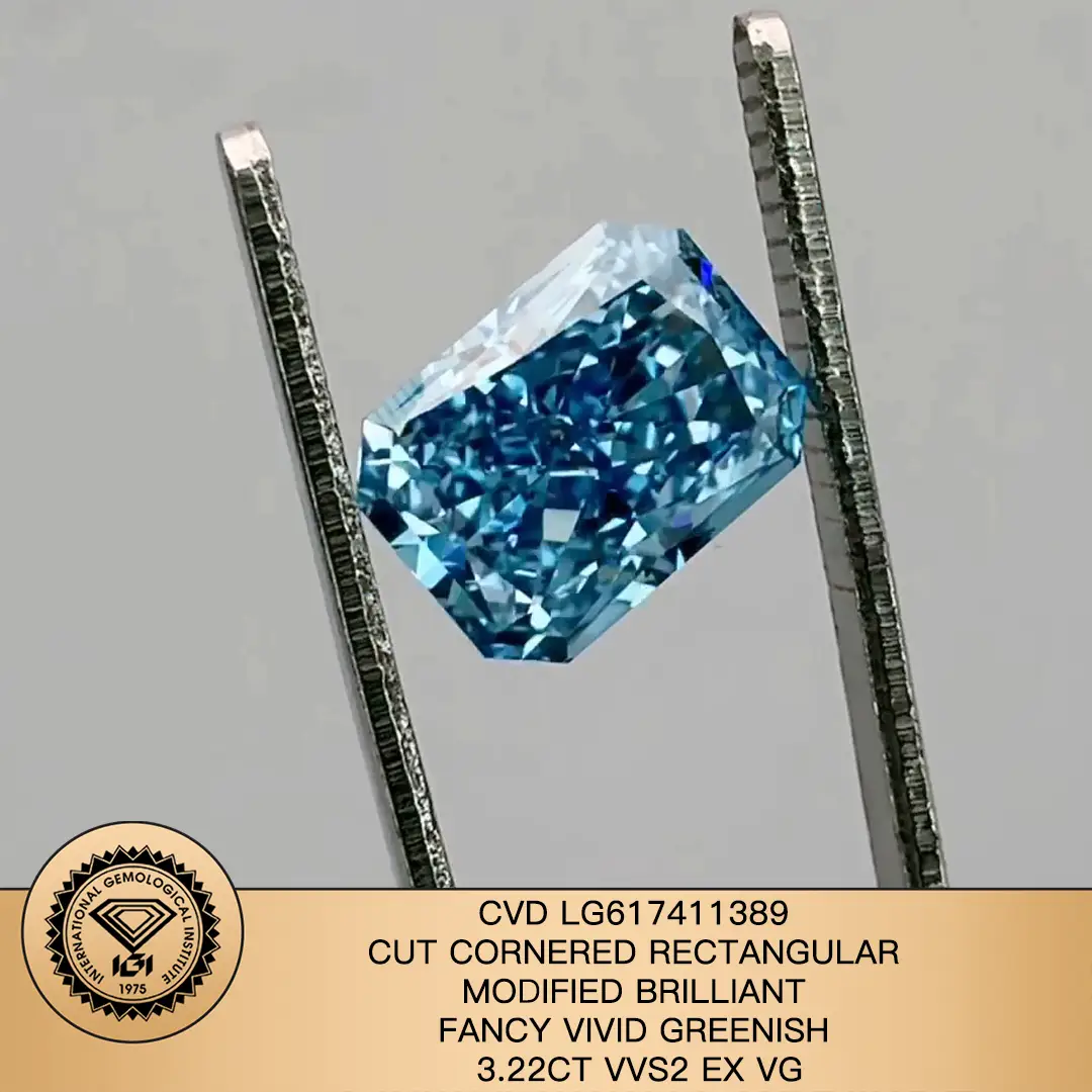Messi Jewelry Radiant Cut Lab Diamond Diamant Fancy Vivid Greenâtre 3.22CT VVS2 CVD LG617411389 1
