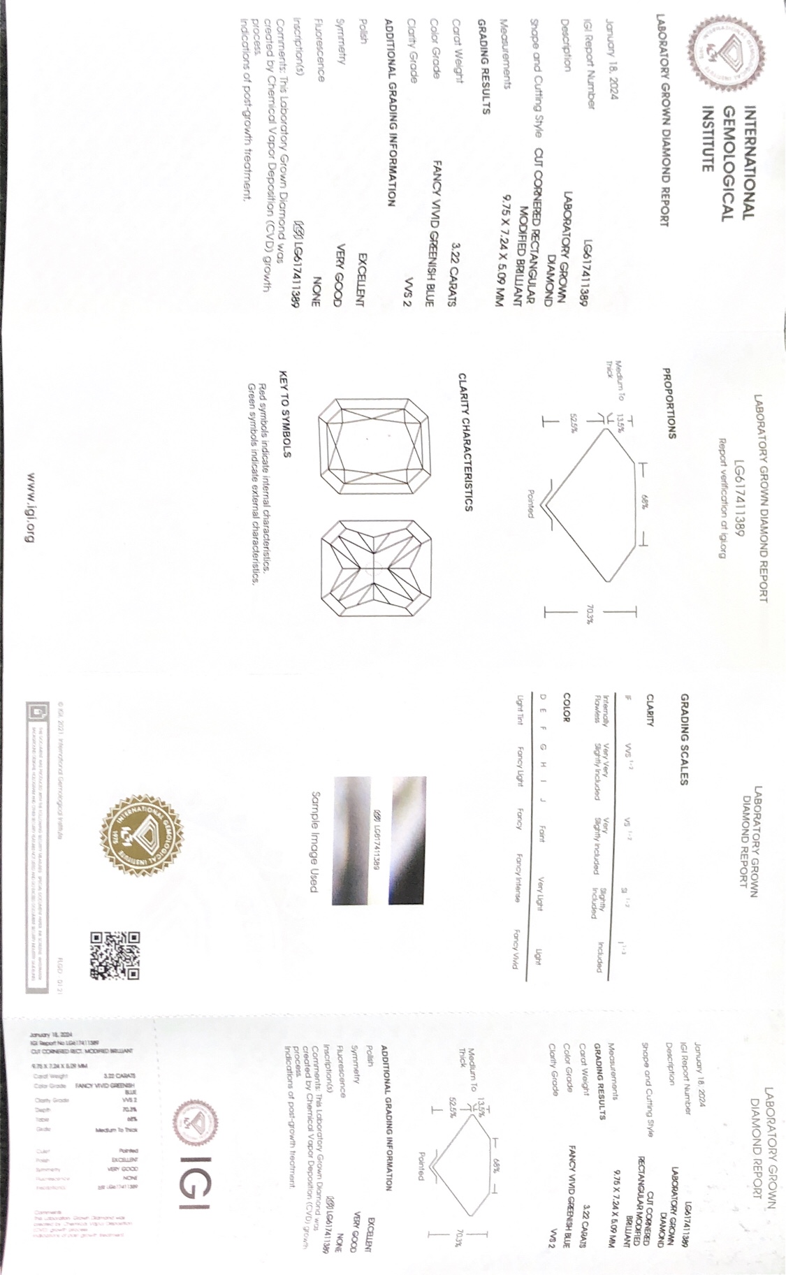 Messi Jewelry  Radiant Cut Lab Diamond FANCY VIVID GREENISH 3.22CT VVS2 CVD LG617411389 61