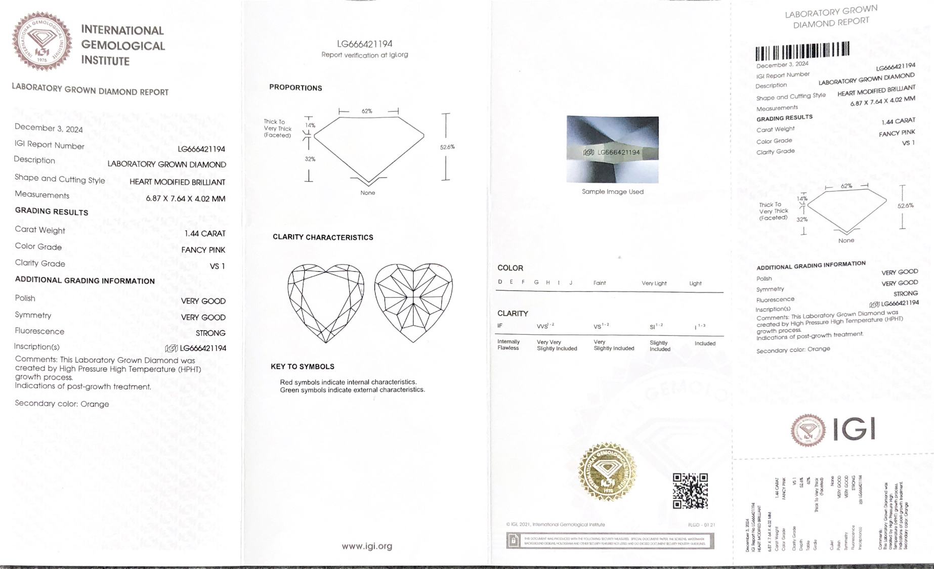 Heart Cut Fancy Pink 1.44CT Lab Diamond VS1 VG VG HPHT LG666421194 | Messi Jewelry 8
