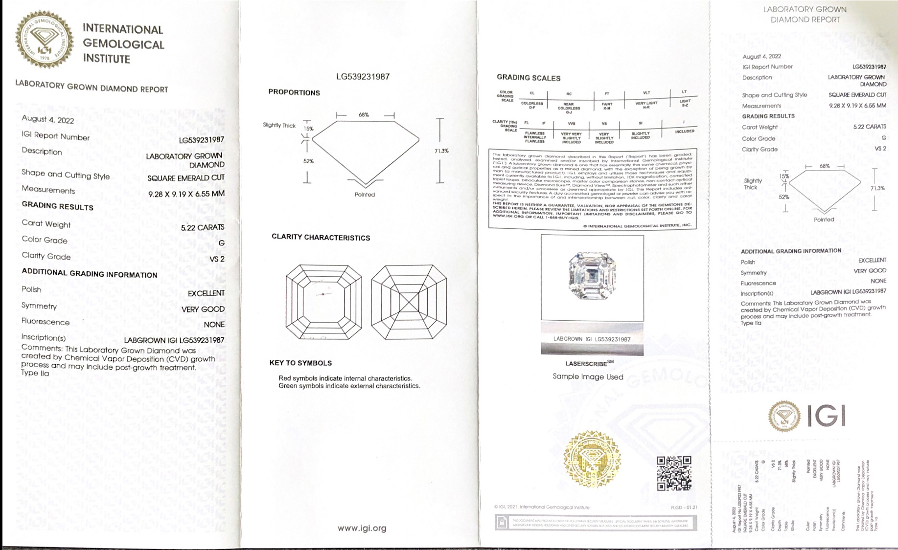 IGI Lab Grown Diamond CVD LG539231987 AS 5.22CT G VS2 EX VG 7