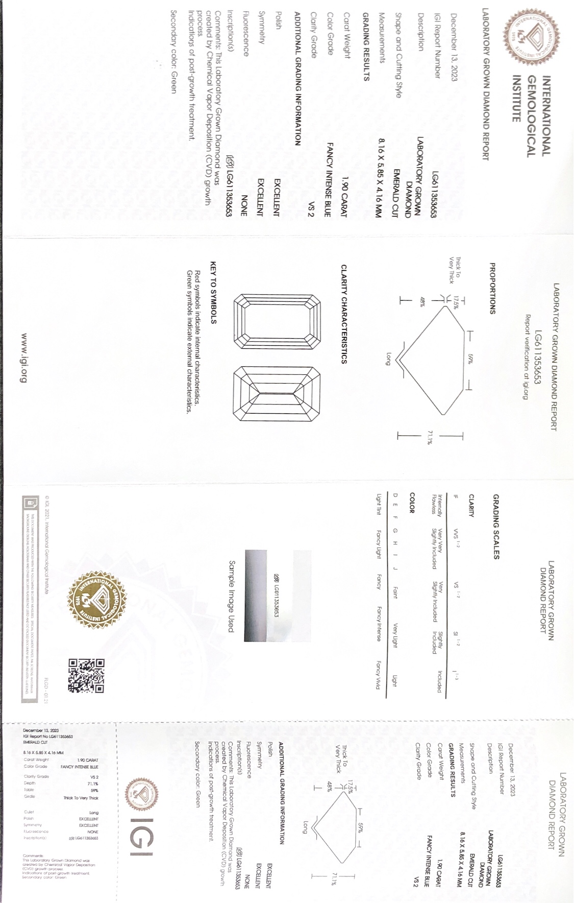 Lab Grown Diamond IGI CVD LG611353653 EMFANCY INTENSE BLUE 1.90CT VS2 EX EX 8