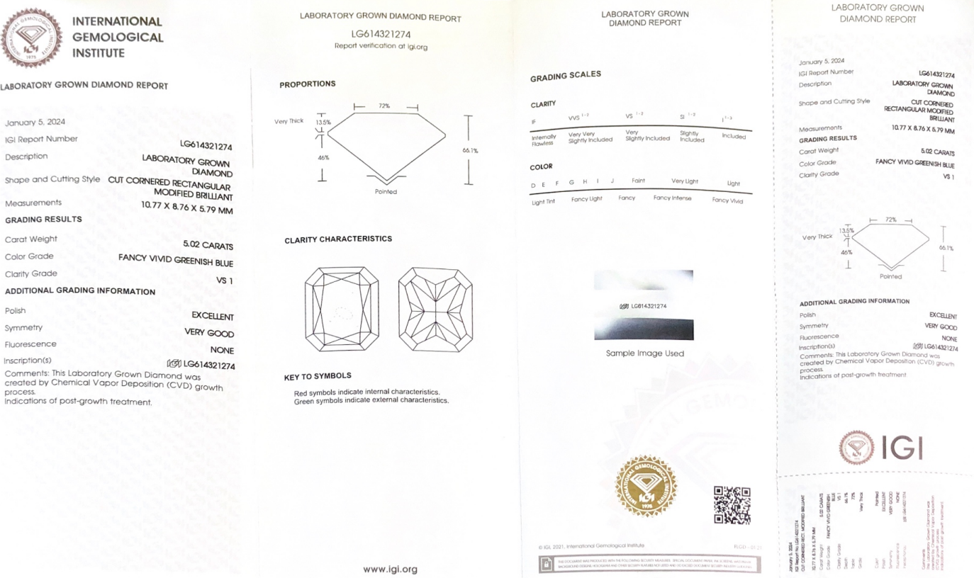 5.02ct CVD Cut Cornered Rectangular Modified Brilliant Fancy Vivid Greenish Blue VS1 EX VG LG614321274 8