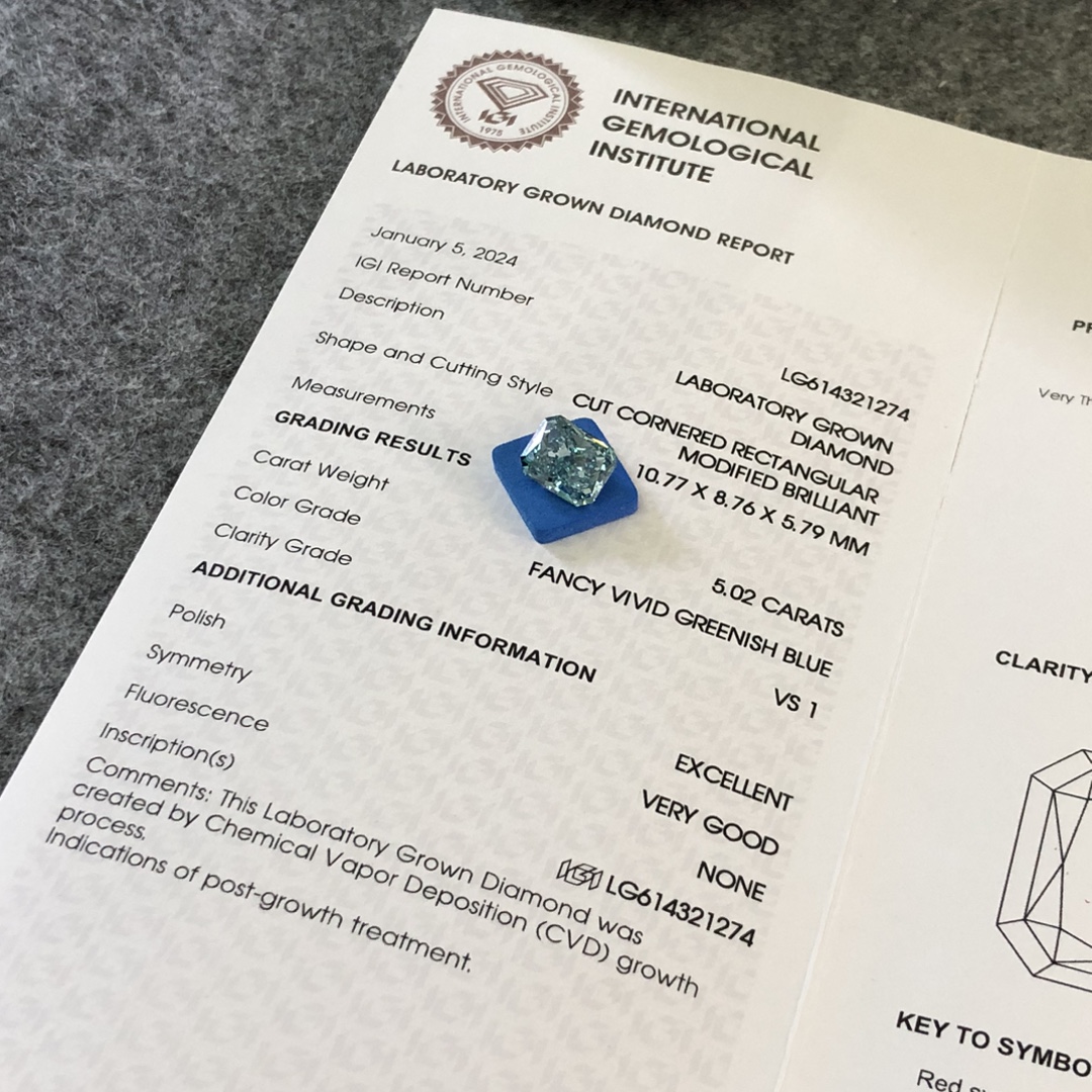 5.02ct CVD Cut Cornered Rectangular Modified Brilliant Fancy Vivid Greenish Blue VS1 EX VG LG614321274 7