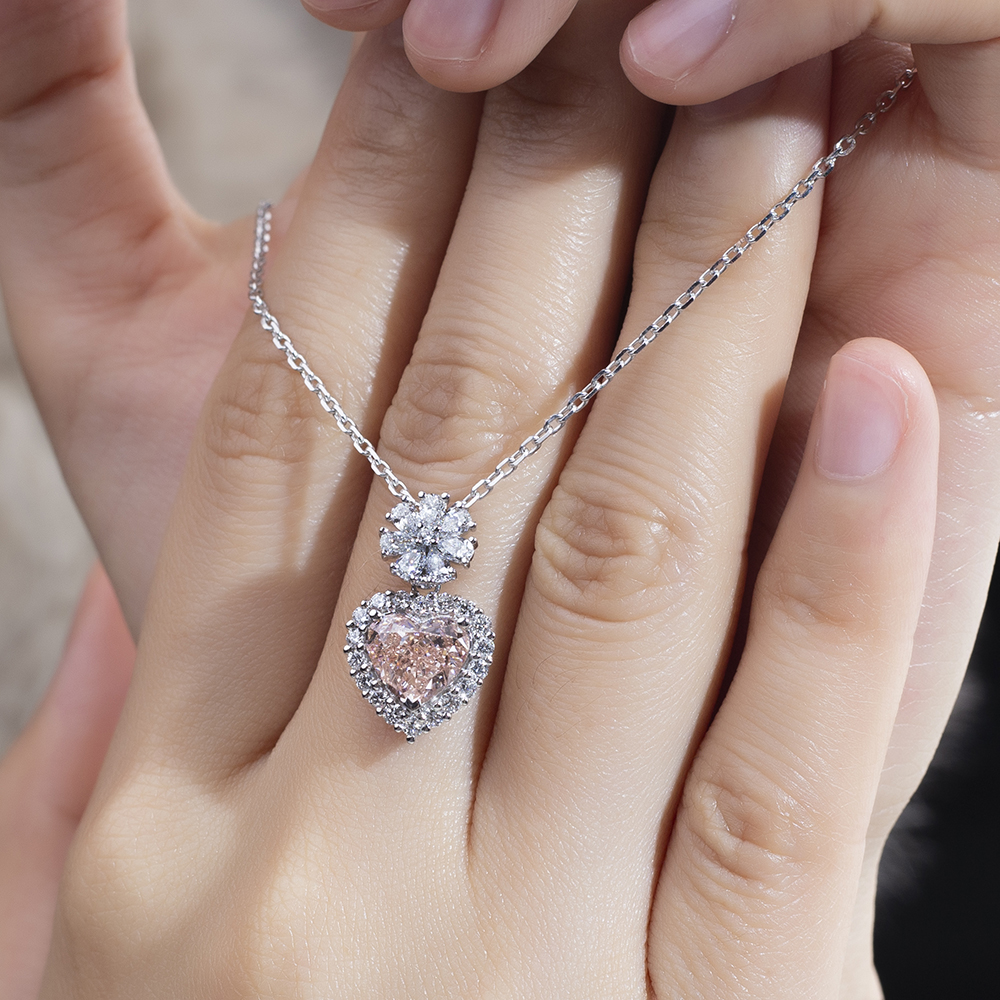 MSN-887 Heart Shape Halo Fancy Pink Lab Grown Diamond Beautiful Pendant Necklace 12