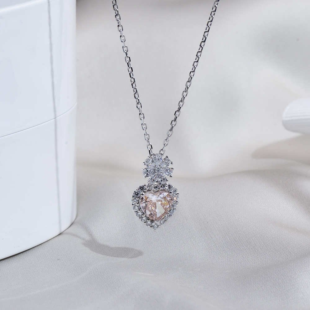 MSN-887 Heart Shape Halo Fancy Pink Lab Grown Diamond Beautiful Pendant Necklace 9