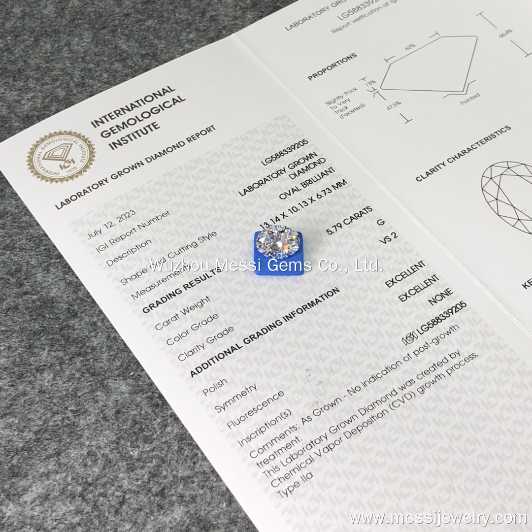 Oval CVD Lab Gibuhat Diamond Lab Gitubo 5.79CT G VS2 IGI Certified LG588339205 | Messi Alahas 8