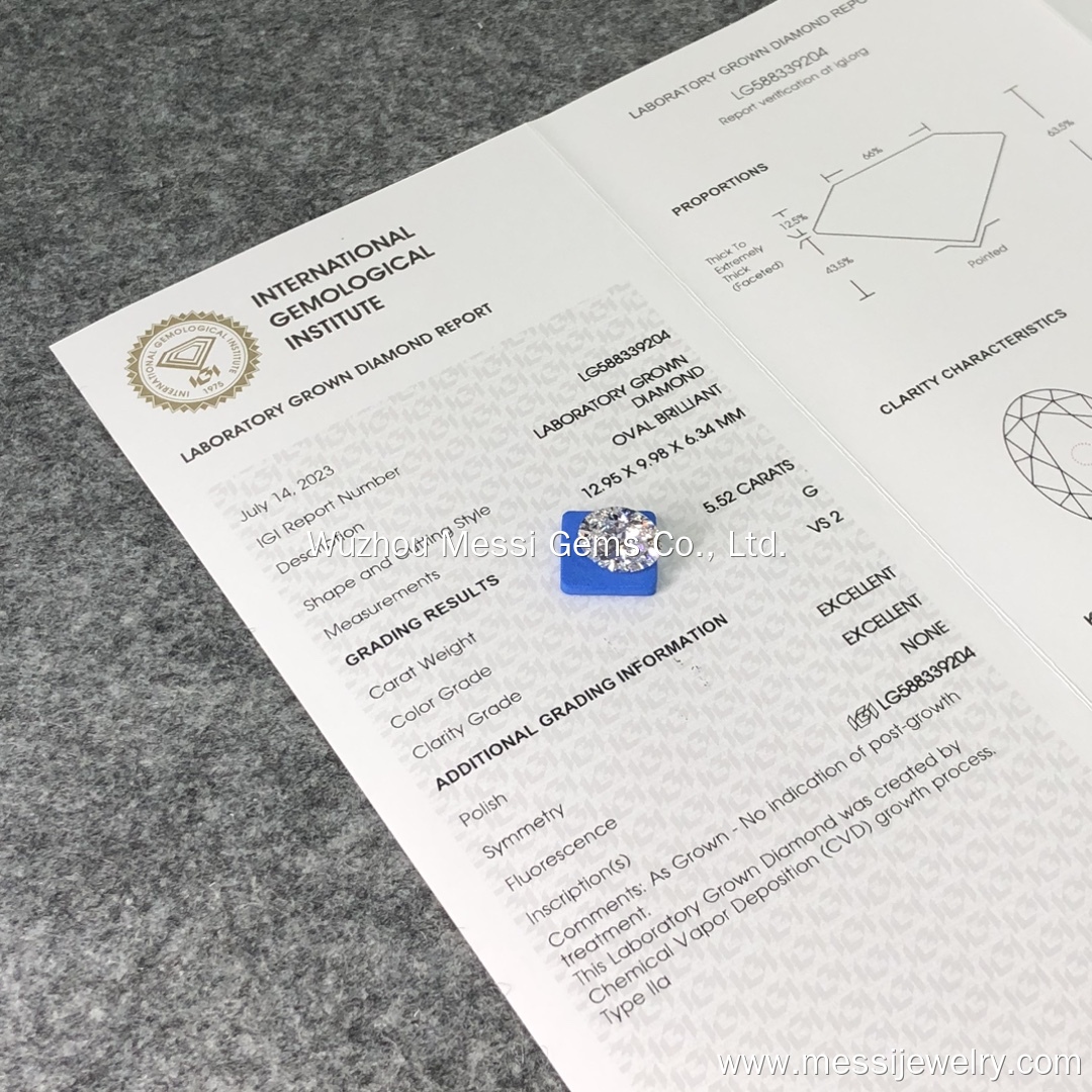 Oval nga porma White Lab Grown Diamond 5.52CT G VS2 CVD Uban sa IGI certificate LG588339204 | Messi Alahas 8