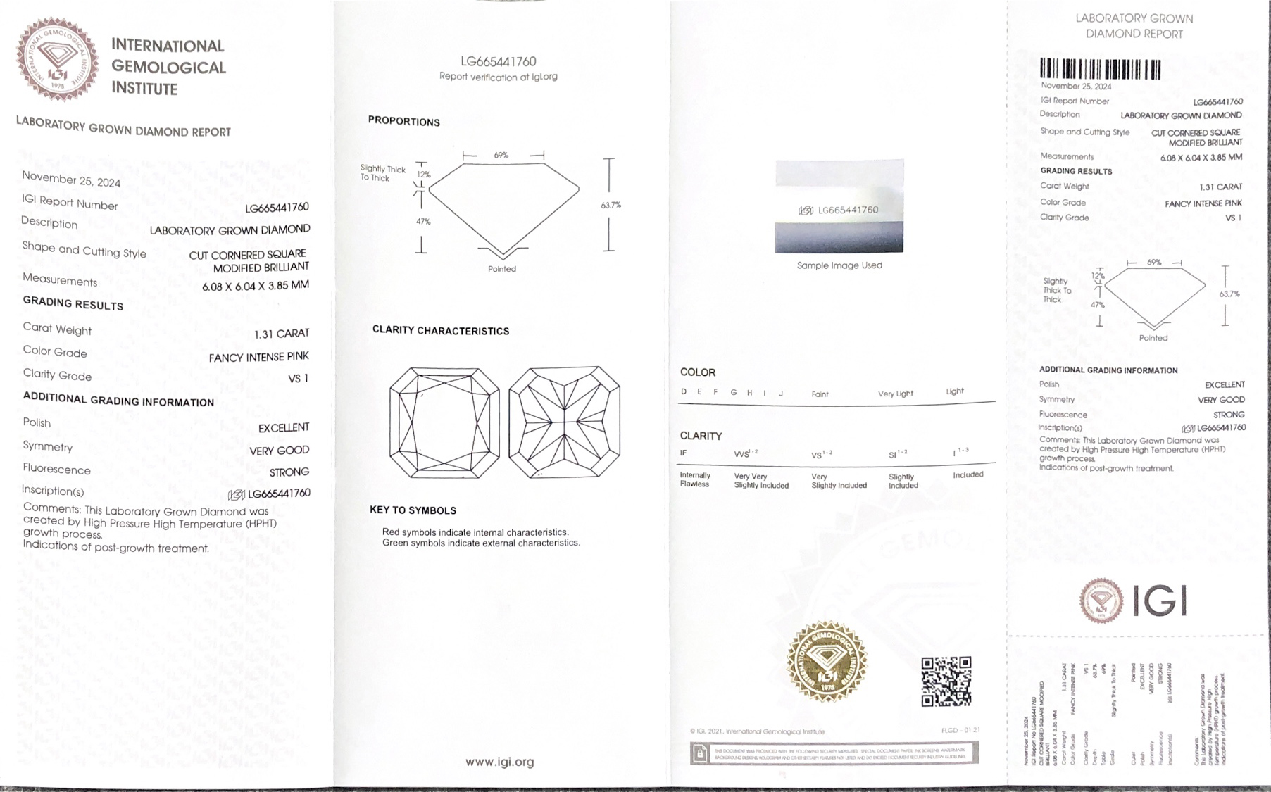 1.31CT VS1 EX VG Cut Cornered Squaremodified Brilliant Fancy Intense Pink HPHT LG665441760 9