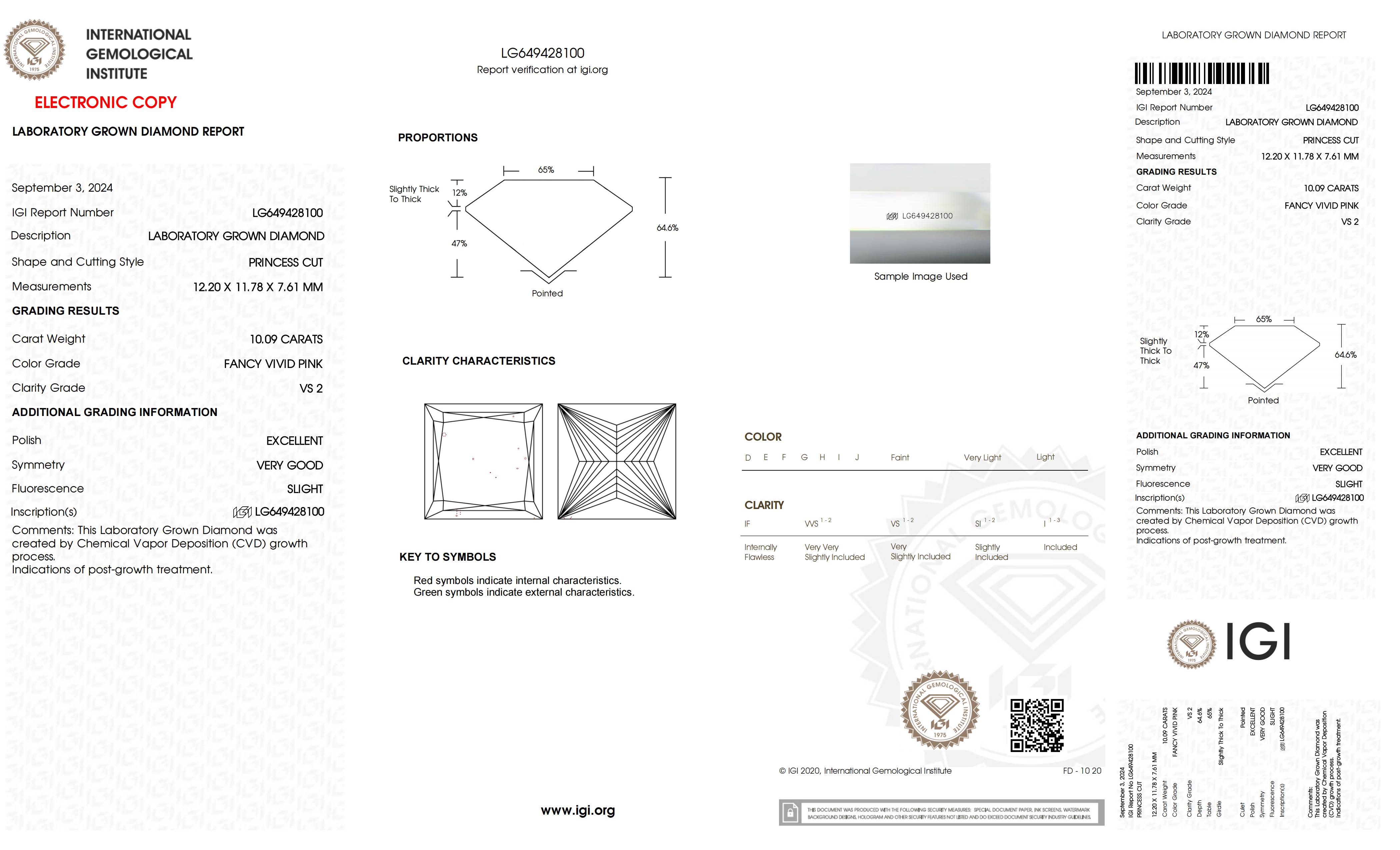 Lab Diamond 10.09CT LG649428100 Princess Cut Fancy Vivid Pink VS2 LG649428100 | Messi Jewelry 4
