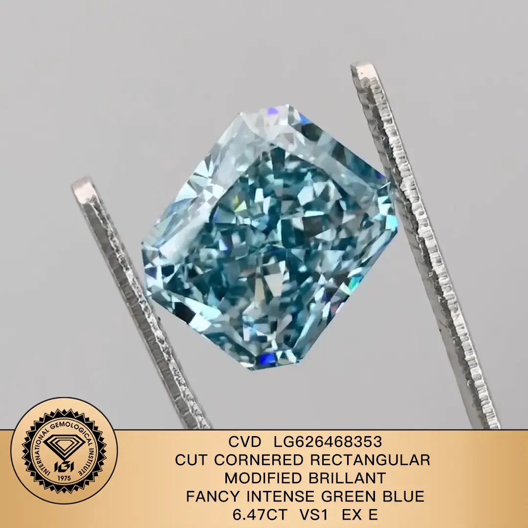 Rectángulo rectangular modificado brillante fantasía intensa verde CVD LG626468353 6.47ct vs1 ex ex 1