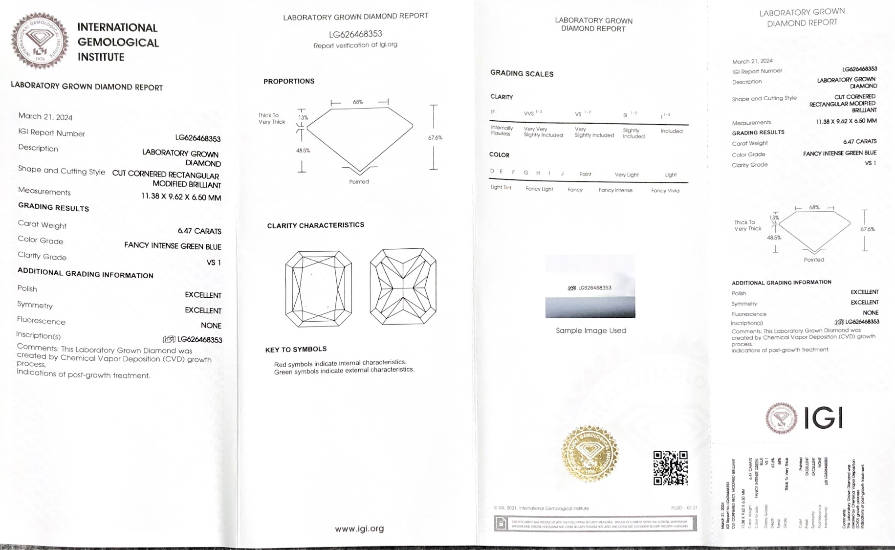 Cornered Rectangular Modified Brilliant Fancy Intense Green Blue Cut CVD LG626468353 6.47CT VS1 EX EX 9