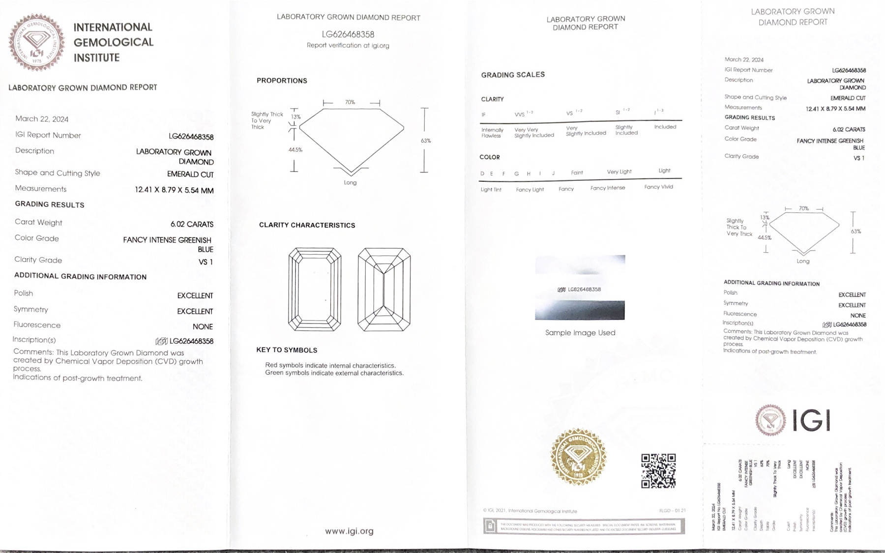 Emerald Fancy Intense Greenish Blue 6.02CT CVD S1 EX EX CVD LG626468358 9