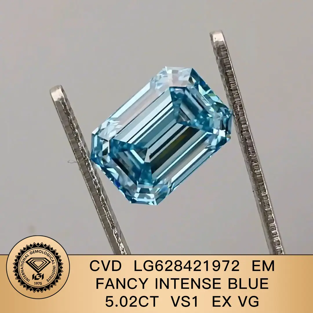 IGI CVD LG628421972 Emerald Fancy Intense Blue 5.02CT VS1 EX VG Labor 1