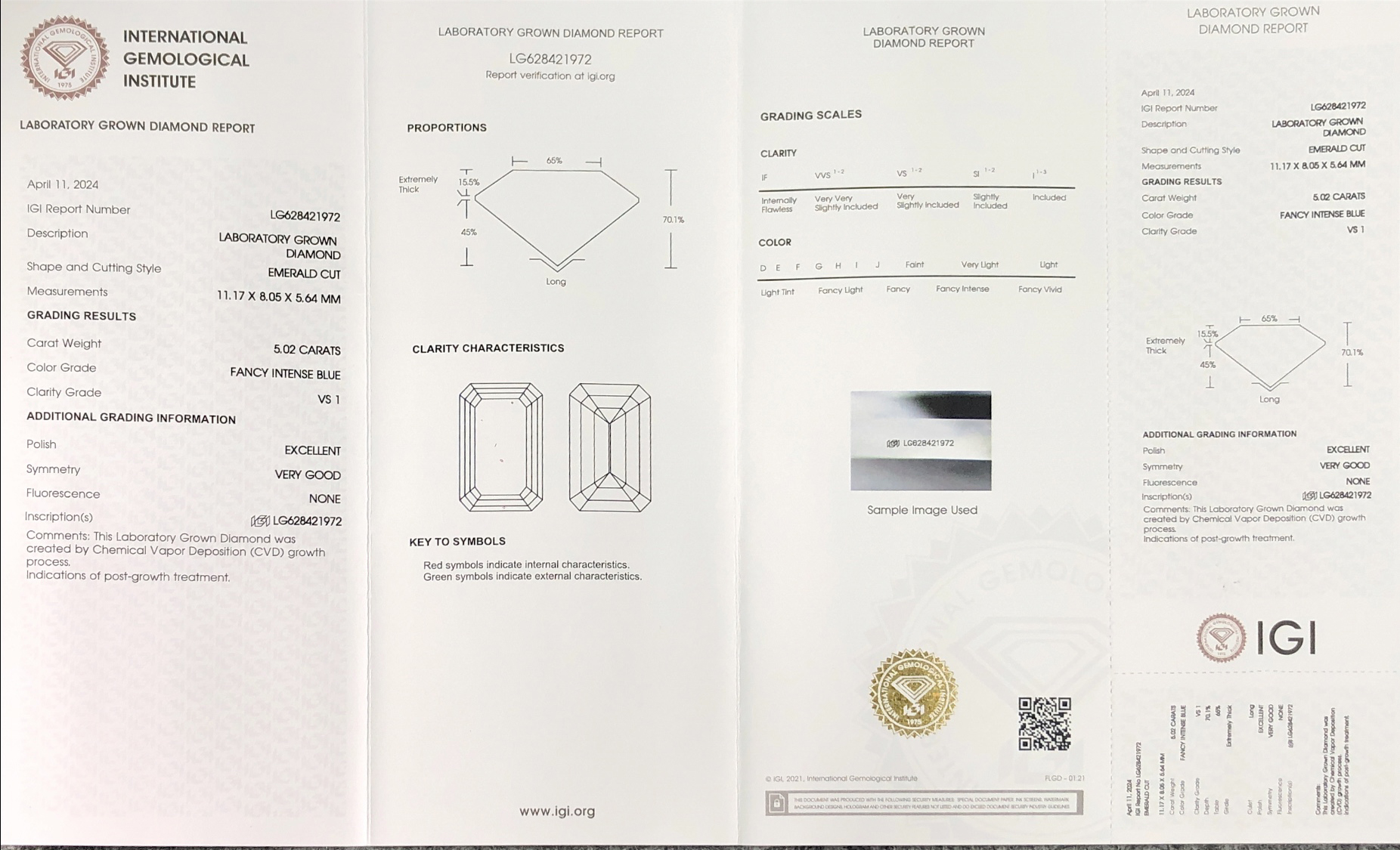 IGI CVD LG628421972 Emerald Fancy Intense Blue 5.02CT VS1 EX VG Lab Grown Diamond 9